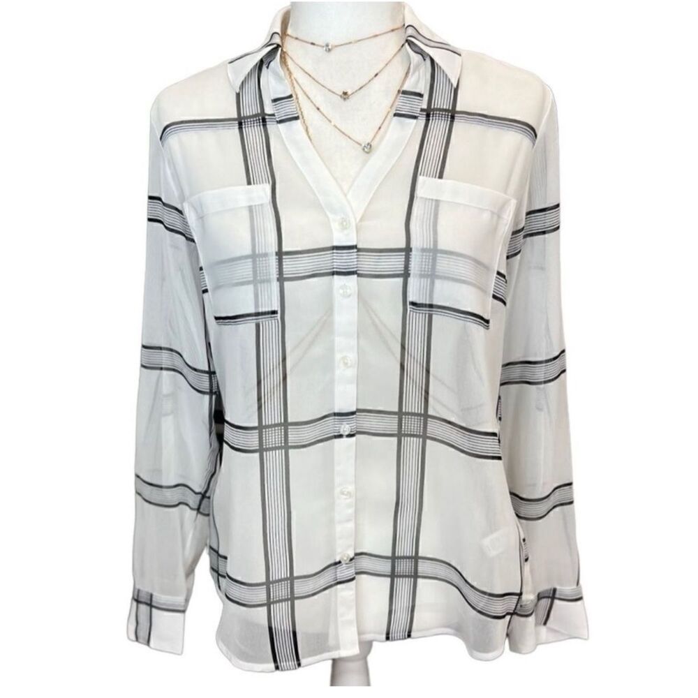 Express portofino sheer plaid blouse white black size small